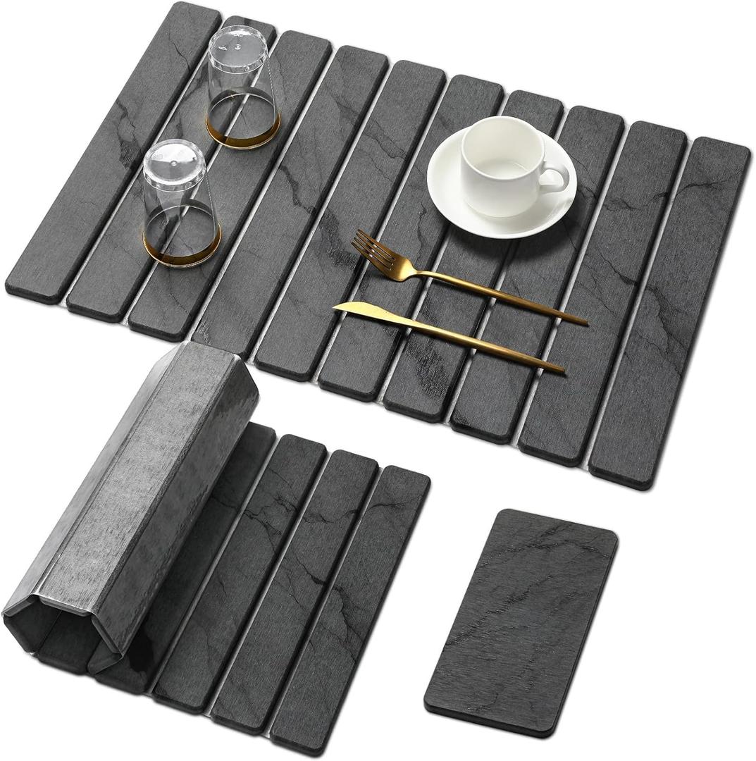 Large Stone Dish Drying Mat for Kitchen Counter, Quick Dry Stone Dishes Mats,Foldable Water Absorbing Diatomaceous Earth Drying Organizer Pad for Plate Rack Bottles Utensils(Dark Gray 24"×16" & 8"x4")