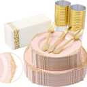 350pcs Pink Plastic Plates, Elegant Disposable Dinnerware Set, 125 Pieces, White and Gold, Plates, Cups, Cutlery and Napkins (Pink, 50 Guests)
