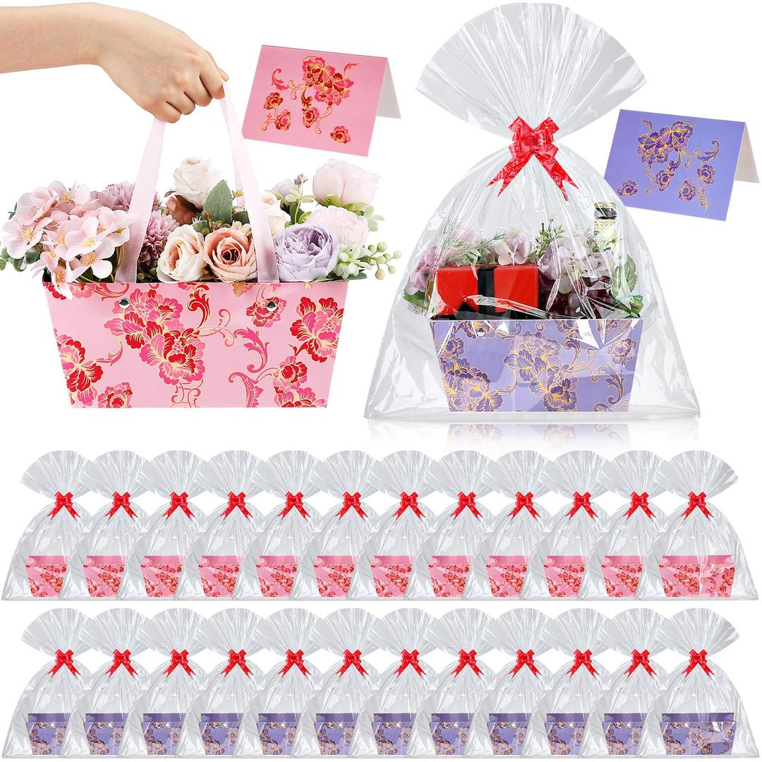 Kolldenn 12 Pack Empty Gift Basket to Fill 9.8 x 6.5'' Pink Purple Floral Bouquet Box with Handles Bows Plastic Bags and Card for Tea Party Wedding Arrangement