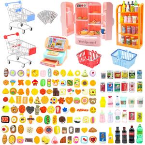 139 Pcs Mini Shopping Cart Basket Miniature Food Drink Toy Supermarket, Miniature Dollhouse Furniture and Accessories,Grocery Store Pretend Play,Doll House Refrigerator Mini Fridge Toy Mini Food Set