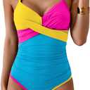 Eomenie One Piece Swimsuit for Women Tummy Control Ruched Bathing Suit Tie Back Slimming Swimsuit (L)