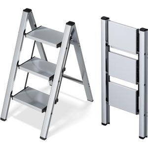Taranta 3 Step Ladder,Aluminum Lightweight Folding 3 Step Stool with Anti-Slip Wide Pedal,330lbs Capacity Step Ladder for Household,Kitchen,Office - Silver