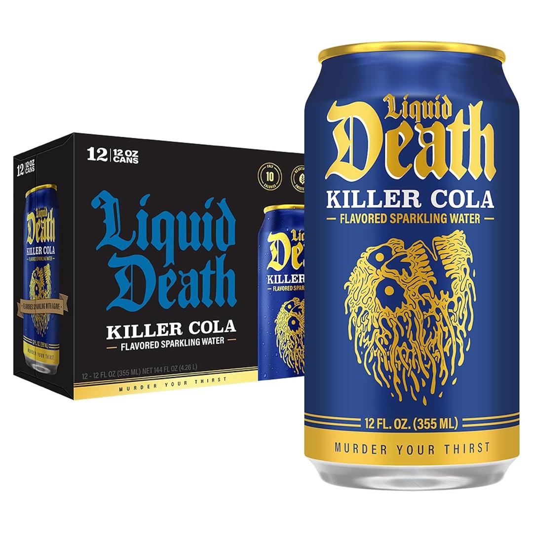 Liquid Death Soda-Flavored Sparkling Water - Killer Cola, Less Sugar*, Huge Flavor, No Caffeine, No Artificial Sweeteners, 12 Fl Oz (Pack of 12) (EXP 06/28/27)