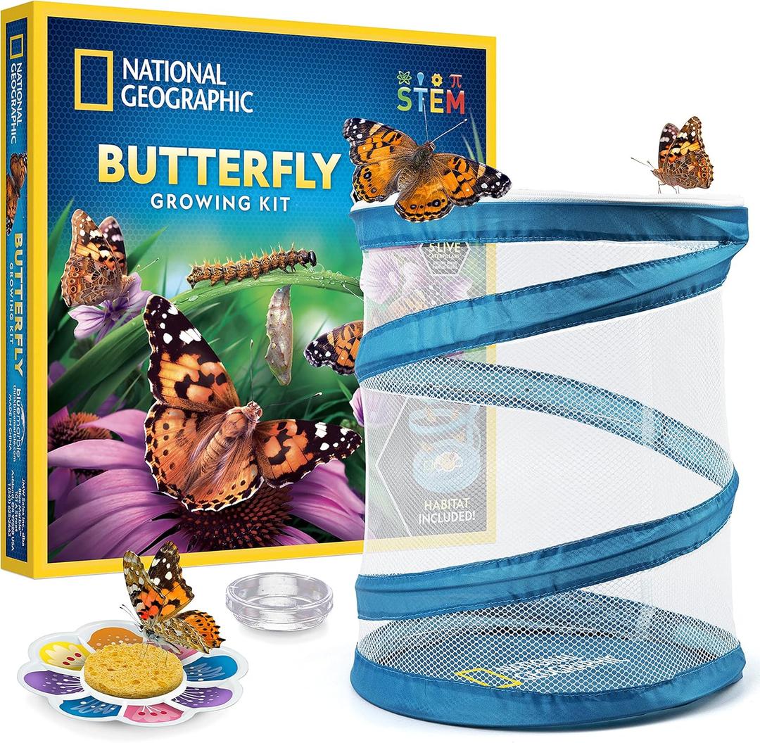 NATIONAL GEOGRAPHIC Butterfly Growing Kit - Butterfly Habitat Kit with Voucher to Redeem 5 Caterpillars (S&H Not Included), Butterfly Cage, Feeder 