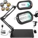 10X Square Magnifying Glass with Light and Stand, Real Glass LED Lighted Magnifier, 5 Color Modes Stepless Dimmable, Hands-Free Mag Desk Lamp with Clamp for Reading Craft Hobby Close Work (Black)
