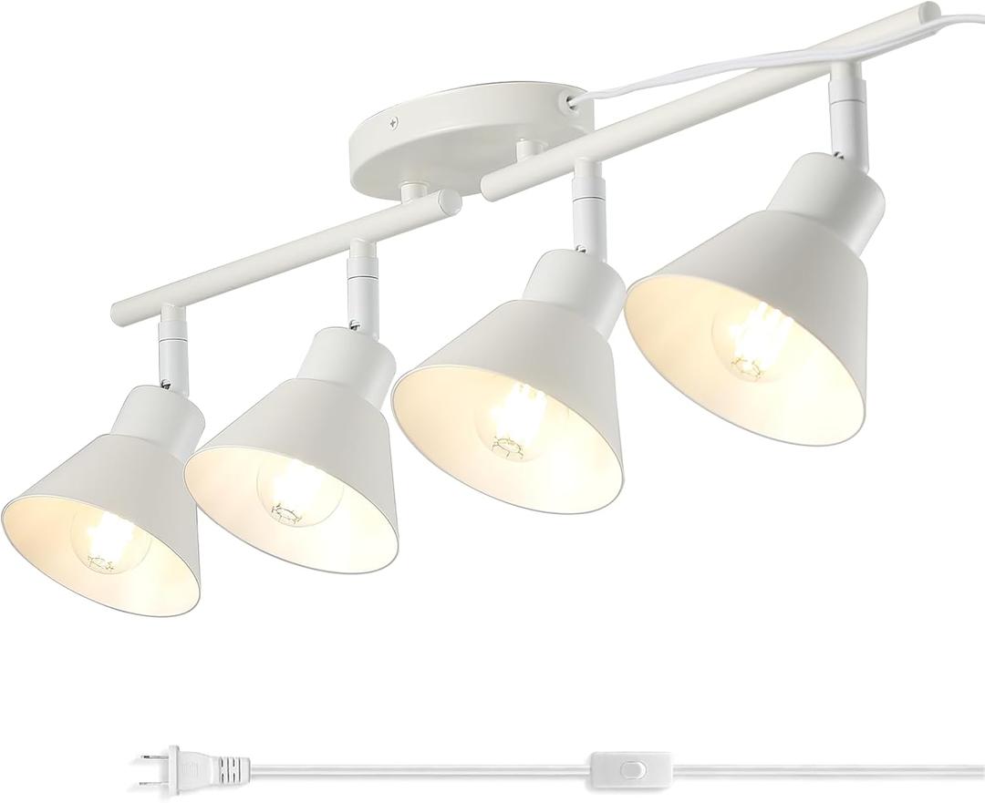 4 Light Plug in Track Lighting Kit,Modern Plug in Ceiling Light Fixture,14.7ft Cord,On/Off Switch,4 Way Ceiling Spot Lighting,Flexibly Rotatable Light Head (Bulbs Not Included) (White)