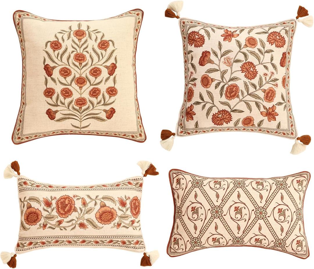 ISAENNE Design Linen Square Rectangle Vintage Throw Pillow Covers Set of 4, Red Euro Cushion Covers with Orange Floral Green Leaves Pattern Decor Pillowcases for Bed,Living Room,Outdoor,Car (18" x 18" (Pack of 4))
