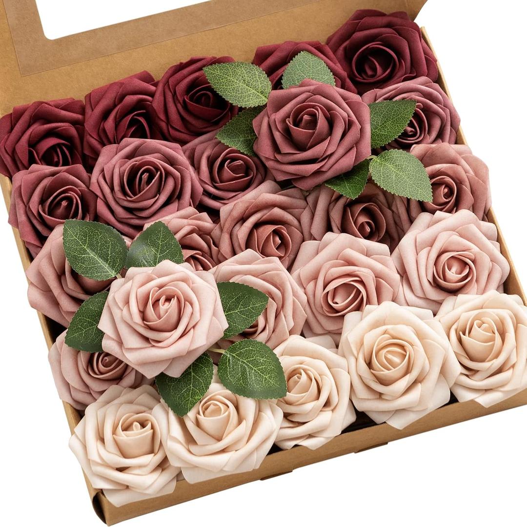 Ling's moment Artificial Flowers, 25Pcs 3" Roses in Burgundy Mauve Shades, Realistic DIY Foam Floral Fill for Wedding Bouquets/Centerpieces, Outdoor Party Backdrops, Room/Table, and Pot Decorations