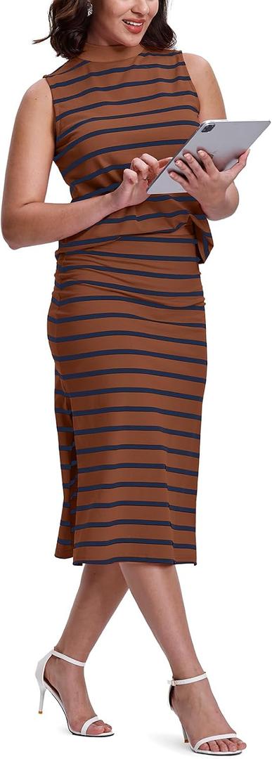 SeSe Code Womens 2 Piece Outfits Striped Matching Skirt Set Sleeveless Tank Tops and Side Slit Midi Skirts (Brown, M)