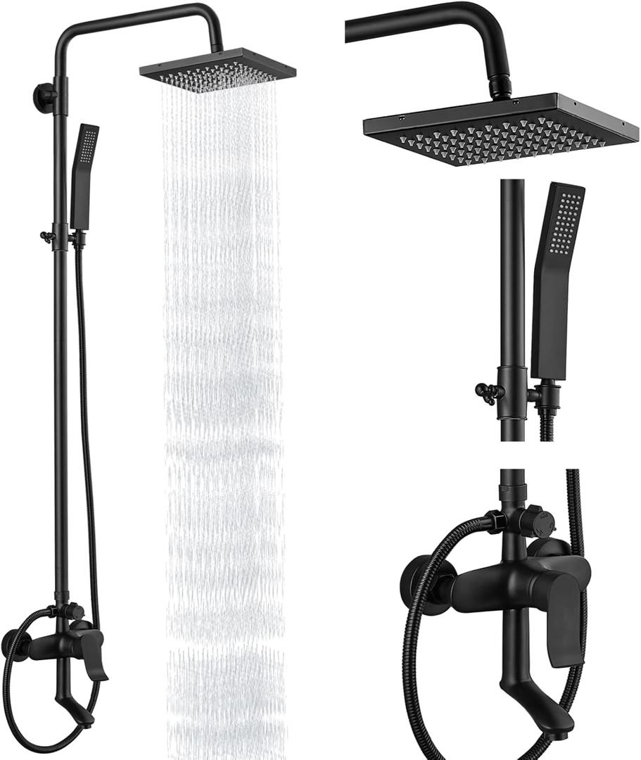 Heyalan Matte Black Rain Shower System Set,Exposed Shower System 3 Functions Bathroom Shower Faucet 8 Inch Swivel Rainfall Shower Head Handheld Complete Set Tub Spout Wall Mount