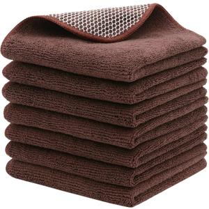 Microfiber Cleaning Cloth Fast Drying Kitchen Dish Cloths Cleaning Rags for Washing Dishes, Absorbent Lint Free Kitchen Washcloths Rags with Poly Scour Side, 12 Inch x 12 Inch (Brown)