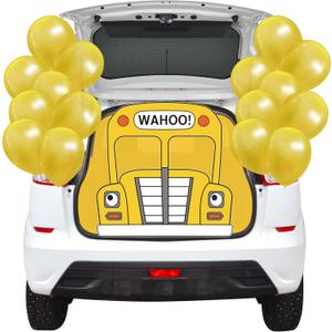 School Bus Trunk or Treat Car Decorations Kits, Yellow Bus Tablecloths Backdrop with Balloons Indoor Outdoor Halloween Christmas Birthday Party Decoration for SUV Garages Houses Doors Archways