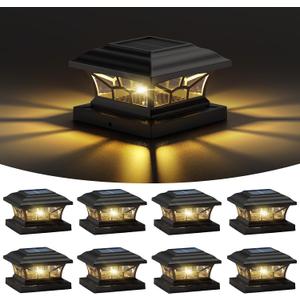 8 Pack Solar Post Cap Lights Outdoor Waterproof, Fits 4x4, 5x5, 6x6 Wooden & Vinyl Fence Decks with Warm & Cool White Light Modes, Classic Black