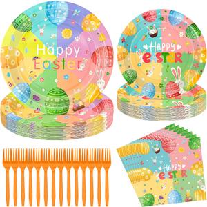 96 Pcs Easter Plates and Napkins Sets, 350GSM Easter Paper Plates, Colorful Spring Disposable Plates Napkins Forks Dinner Plates, Easter Dinnerware Tableware Party Supplies