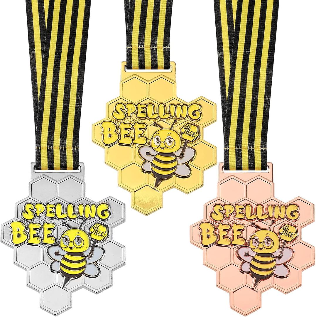 Remuuly 3 Pcs Spelling Bee Honeycomb Medals Gold, Silver, Bronze Spelling Bee Award Medals with Neck Ribbon for Kids Adults Competitions Trophy Party Supplies, 3.2 x 2.8 Inches