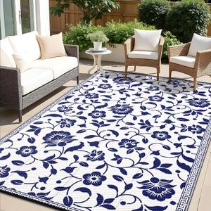 OLANLY Waterproof Outdoor Rug 9x12 ft, Outdoor Plastic Straw Rug with Flower Pattern, Reversible RV Mat for Patio, Camping, Balcony, Deck, Backyard, Navy & White
