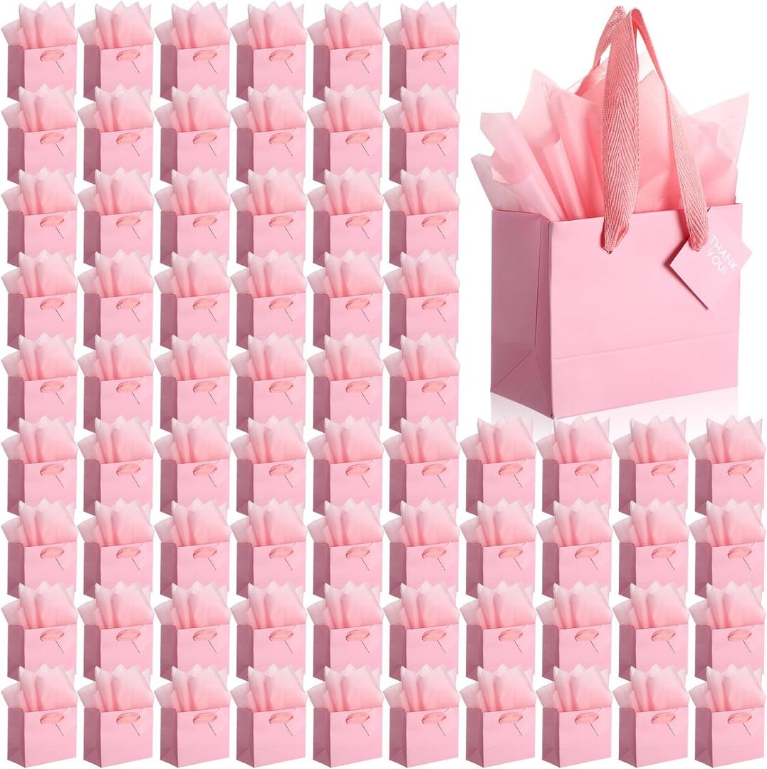 Qilery 50 Pcs Halloween Mini Paper Gift Bags Bulk with Tissue Paper Small Gift Bags with Handle and Tags for Birthday Wedding Thanksgiving Christmas Party Business(Pink,4.7 x 2.4 x 3.9'')