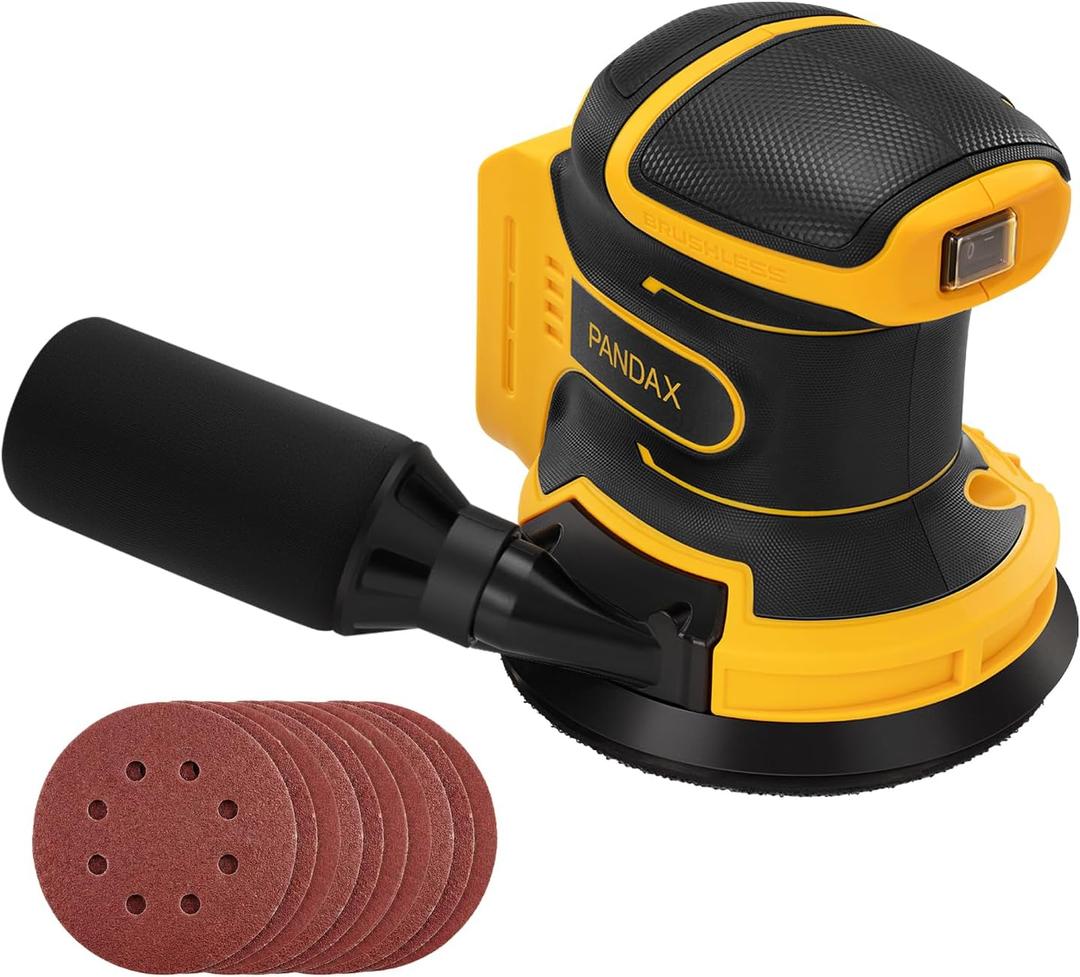 Pandax 5 Brushless Cordless Random Orbital Sander Compatible with DeWalt 20V MAX Battery (TOOL ONLY), 12,000OPM Palm Sander, Dust Bag, Lightweight, 10 Sandpapers, 6 Variable Speeds for Wood, Metal & DIY