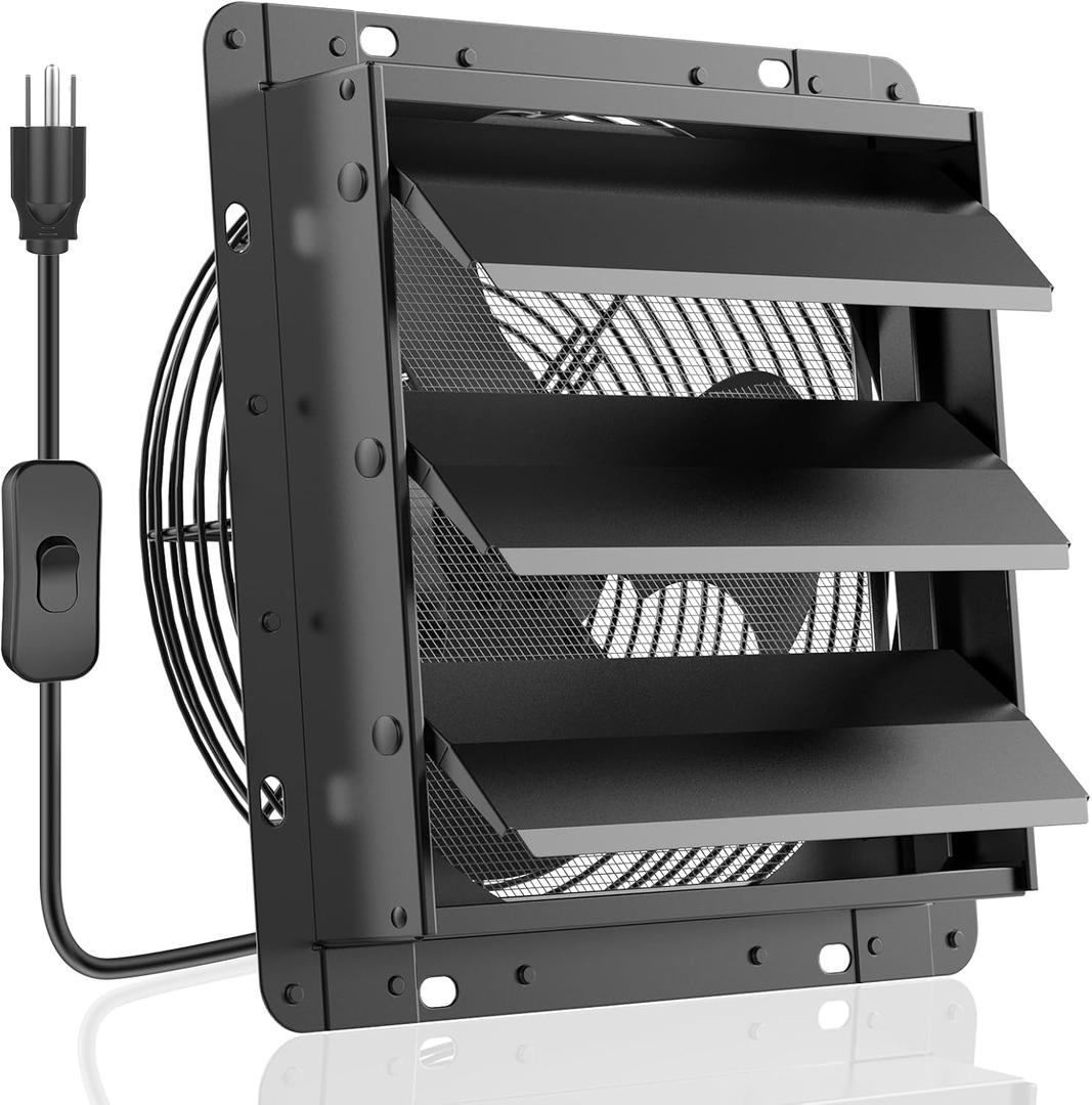 HG Power 10 Inch Shutter Exhaust Fan, 647CFM Quiet Garage Exhaust Fan with 8 Foot Long ON/OFF Switch Cable for Chicken Coop, Shed, Basement, Gable, Kitchen, Attic Ventilation Use, Black