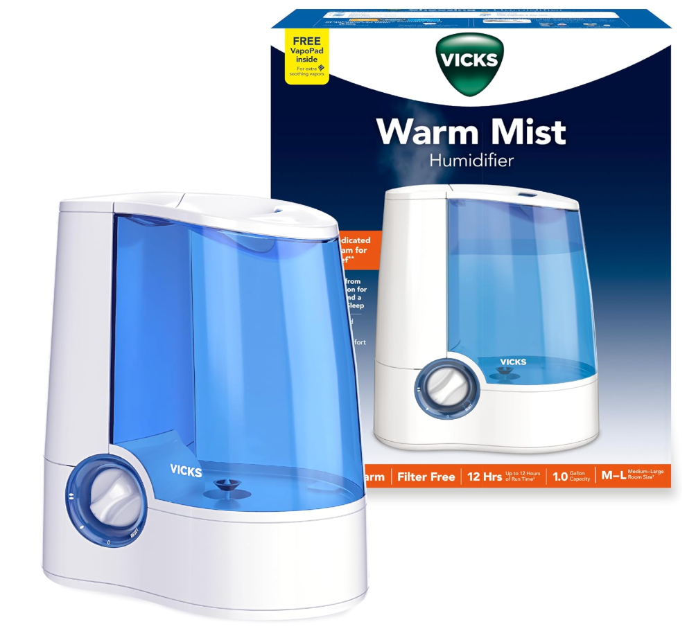 Vicks Warm Mist Humidifier Filter‑Free 1 Gal Tank, Auto Shut‑Off, Night Light, VapoPad and VapoSteam Compatible