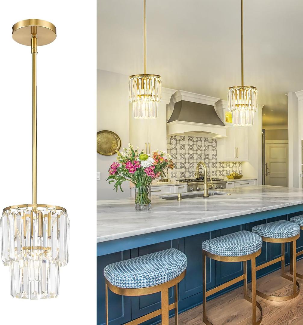 Small Chandelier Light Fixture, Gold Crystal Pendant Light, 2 Tiered 6.5" Modern Mini Hanging Lights, Vintage Chandeliers for Bedroom Dining Room Kitchen Island Entryway Living Room Foyer