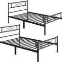 Yaheetech 2PCS Simple Metal Bed Frame with Curved Design Headboard and Footboard, 13 Inches Underbed Storage, 12 Built-in Steel Slats, No Box Spring Needed Black