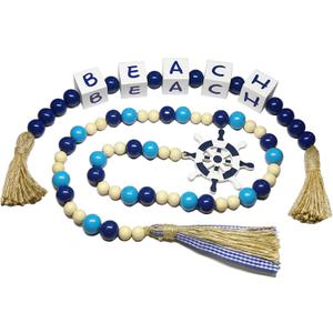 Farmhouse Wooden Letter Block Sign and Boho Tassel Bead Garland Beach Lake House Decor for Bathroom, 2-Pcs Set Blue Bead Garland with Tassels Home Decoration