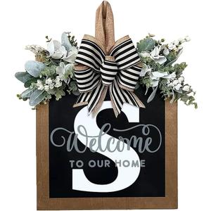 Last Name Year Round Front Door Wreath Front Porch Decoration 26 Letter Welcome Sign with Eucalyptus Garland and Bow Spring Wreaths for Front Door Outside Hanger GarlandS