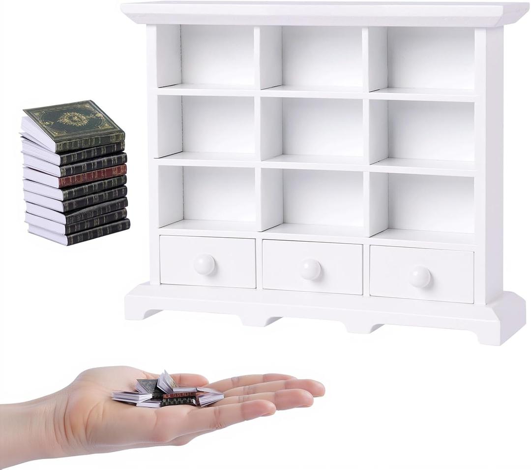 BABESIDE 1:12 Dollhouse Mini Bookshelf with 9 Mini Books  Wooden Dollhouse Furniture Accessories for Kids, Baby Doll Accessories Gift for Girls Age 3+