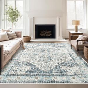 zesthome 8'x10' Area Rugs-Washable Rug for Living Room, Non-Slip Backing Rugs, Stain Resistant 8'x10' Rug for Bedroom, Ultra-Thin Low Pile Rugs, Vintage Large Home Decor (Blue/Ivory)