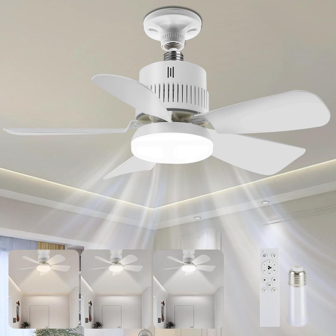 Light Socket Fan with Remote(Pairing Required), Soft 1000LM & CRI 80+ Eye-Friendly, High-Speed Ultra-Quiet, Memory Function, Durable Light Bulb Fan for Garages, Laundry Rooms, Closets, Porches, Attics