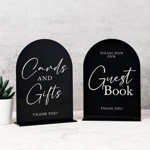 Set of 2 Black Acrylic Wedding Signs for Reception, 5"x7" Black Arched Acrylic Table Sign and Base | Cards and Gifts | Guest Book | Modern Font TableTop Reception Sign for Wedding & Party Event