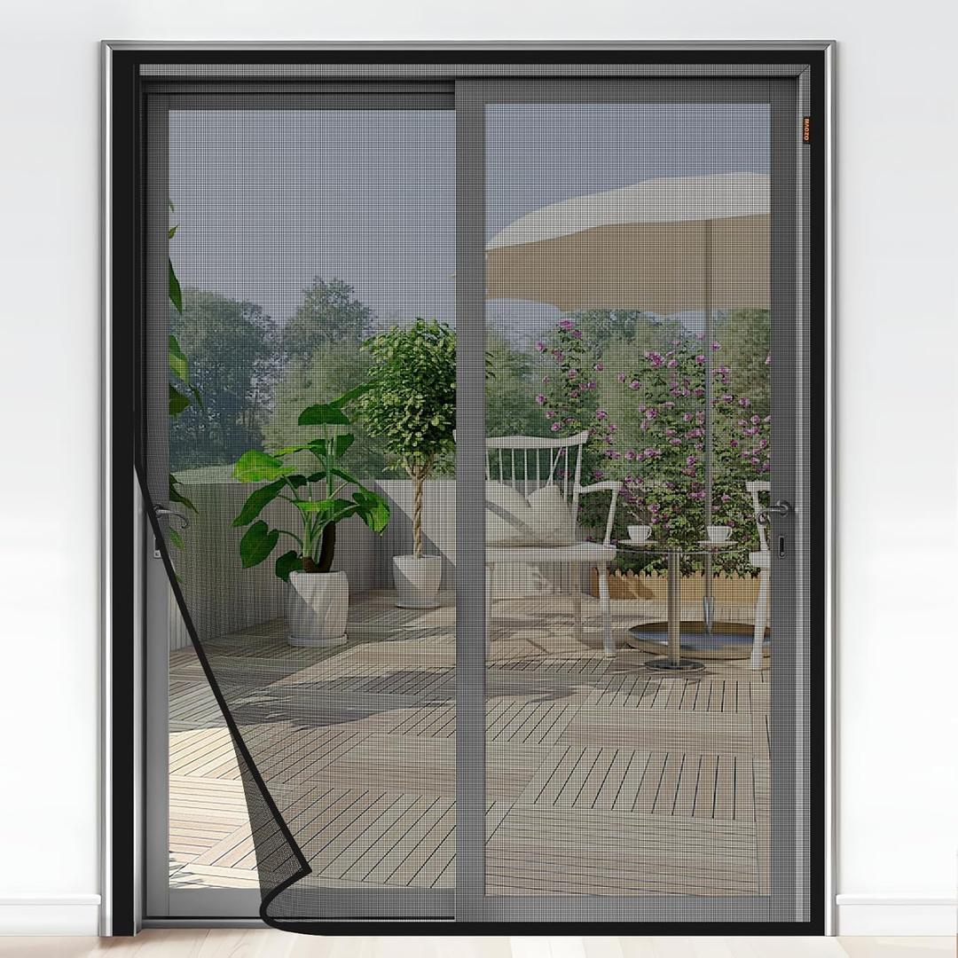 MAGZO Magnetic Screen Door Fit Door Size 72 x 80 Inches, Actual Screen Size 74 x 81 Inch Heavy Duty Side Opening Polyester Screen Curtain for Sliding Door Broader View, Black