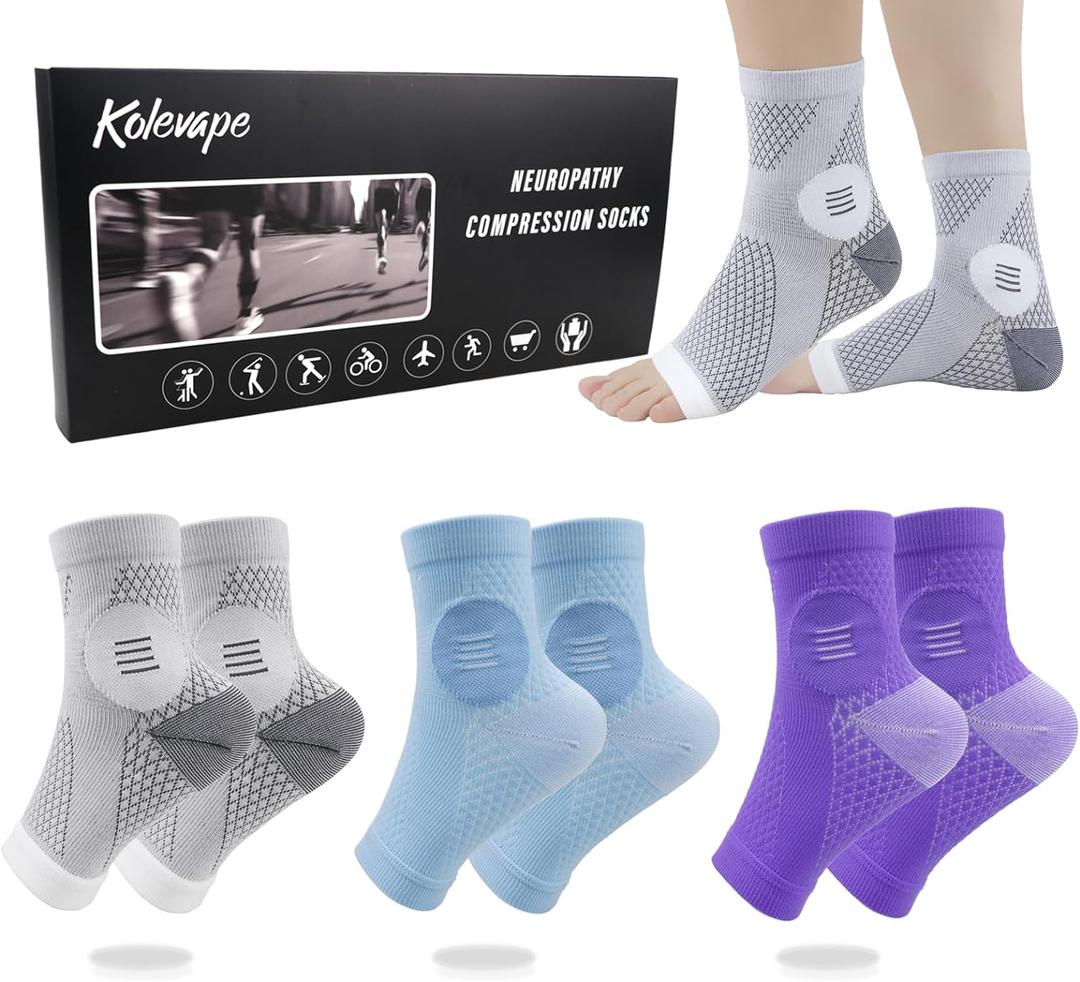 KOLEVAPE 3 Pairs Neuropathy Socks for Women & Men,Nano Comprex Ankle Sleeves Protection Elastic Socks,Soothe Socks for Neuropathy Pain,Anti Fatigue Compression Foot Sleeve Brace Socks (Large)