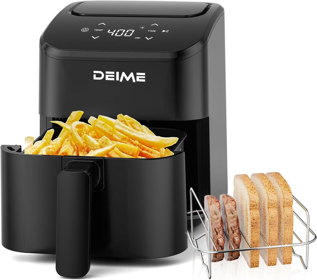 DEIME Air Fryer 3 Qt, Small Airfryer Digital Space Saving Compact, Bake, Reheat, Roasts for Quick Easy Meals, Mini Compact & Quiet, Nonstick & Dishwasher Safe Basket Toast Rack (Black+TR)