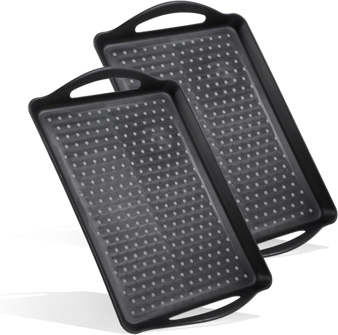 2 Pcs Large Rectangular Non Slip Serving Tray with Handles, Silicone Gripping Nubs Lap Food Trays for Eating, Dishwasher Safe Serve for Dinner Snack Fruit Dessert Beverage, Rectangular (Black)