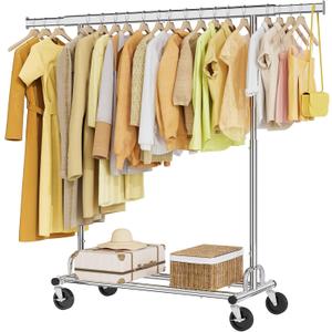 Tajsoon Clothing Rack Heavy Duty Clothes Rack Load 350 LBS, Rolling Clothes Racks for Hanging Clothes with Wheels & Extendable Rod, Collapsible Garment Rack with Bottom Shelf, Commercial, Chrome