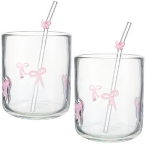 Skylety 2 Set 2 Pink Bow Icon Juice Glass with 2 Pink Bow Glass Straws Bow Aesthetic Cup 14 Ounce Double Old Fashioned Icon Handblown Cocktail Glass for Women Sister Friend Party
