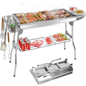 Portable Charcoal Grill, Large Stainless Steel Folding BBQ Grill, Foldable Barbecue Grill with Storage Shelf for Camping BBQ Garden Backyard Party Picnic Outdoor Cooking Kabob, 39x13.4x28 inch