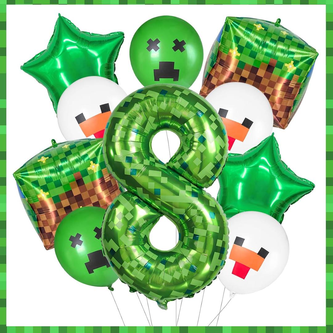 40 Inch Giant Green Pixel Miner Themed Number Foil Balloons, Mining Green Birthday Party Decorations Bundle 0-9 Optional Kids Anniversary Balloon Party Supplies (Number 8)