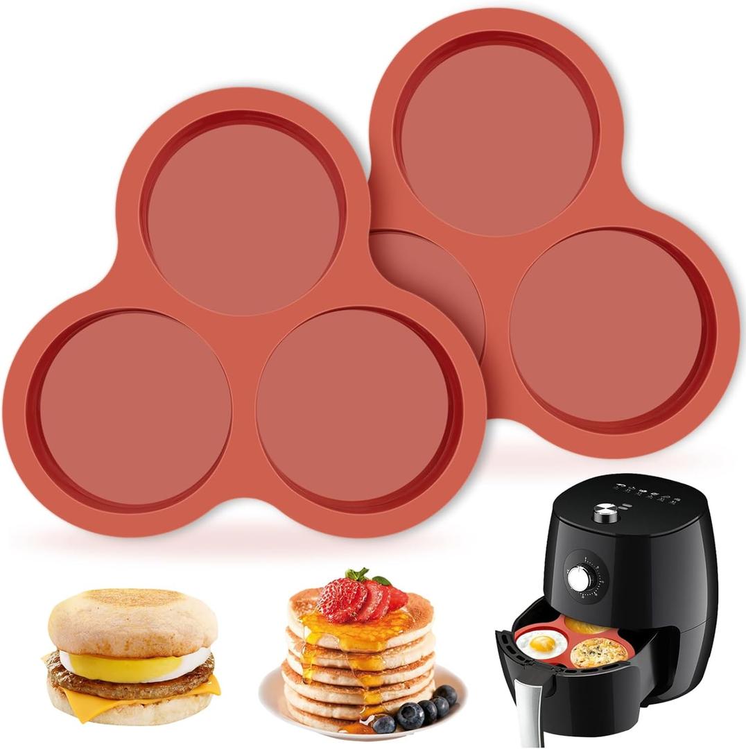 JOERSH 2-PK Air Fryer Egg Mold, 4 Inches Round Egg Bites Silicone Molds, Air Fryer Baking Pan Non-Stick for Breakfast Sandwiches, Hamburger Buns, Pancake, Jumbo Muffin Tops (Regular, 3 Cups)