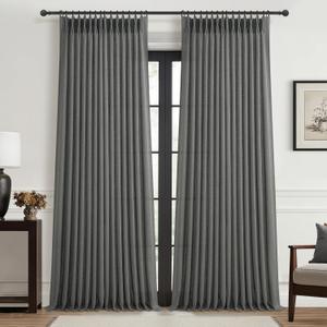 Extra Long Floor to Ceiling Dark Grey Bedroom 108 Inch Curtains, Pinch Pleated Linen Sheer Luxury Light Filtering Privacy Cutain for Living Room 2 Panels Set Gray 9 FT Large Window Drapes with Hooks