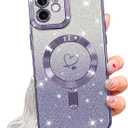 NITITOP Compatible with iPhone 11 Case Cute Clear Glitter [Compatible for MagSafe] Plating Heart Sparkle Bling Magnetic Girl Women Electroplated Frame Camera Protection Back Cover - Purple