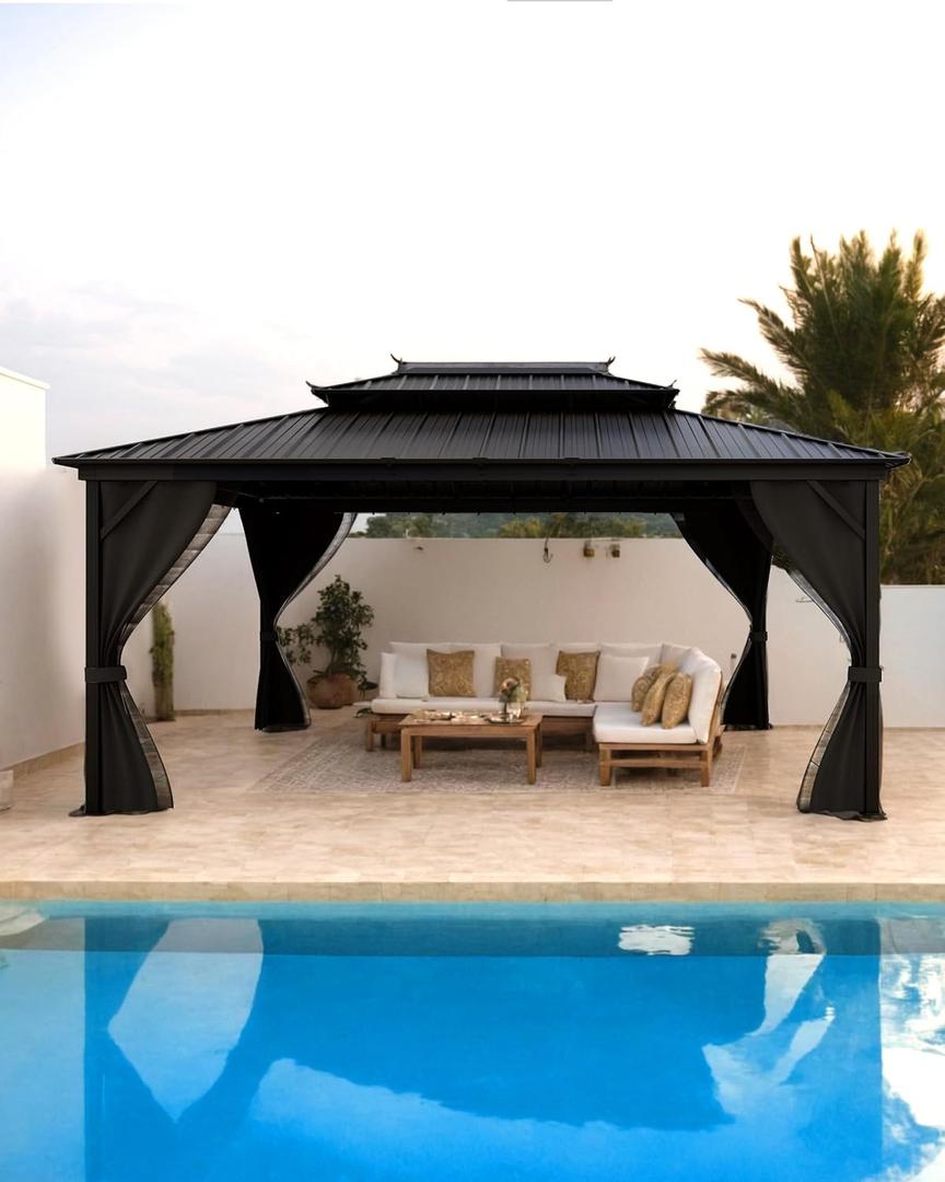 GarveeLife Hardtop Gazebo 12 ft x16 ft for All Weather, with Double Metal Roof, Net, and Curtain, Permanent Building for Patio, Deck, Backyard, Lawn, and Garden (Gray)