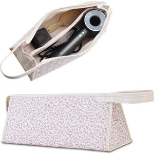 GISMTR Large Quilted Hair Tools Travel Bag, Cotton Floral Carrying Storage Bag for Hair Dryer and Attachments, Cute Portable Organizer with Handle (Pink Floral 1)