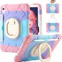 for iPad (A16) 11th Generation case 11''(2025)/10th Generation case 10.9''(2022),360Rotatable Stand with [Pencil Holder&Shoulder Strap] Heavy Duty Shockproof Silicone Case (Colorful Pink)
