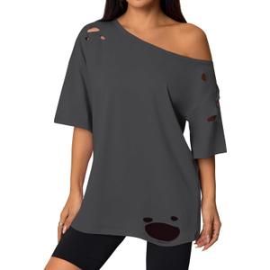 Remidoo Women Distressed Ripped Off the Shoulder Tops Summer Sexy Short Sleeve Oversized Tshirt (Gray, S)