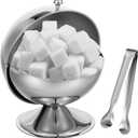Stainless Steel Sugar Bowl with Roll Top, Stainless Steel Spherical Candies Bowl with 4.33 Inch Sugar Tong, Sugar Cube Holder, Candy Jar Cookies Mints Holder Bowl for Home Kitchen, Office, Parties