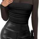 Women's Sexy Bodysuit for Outfits: Mock Turtle Neck Long Sleeve Body Suit - Mesh Sheer Ruched Going Out Bodysuits (Black, M)