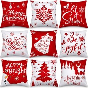 Hosuly 9 Pieces Christmas Pillow Covers 18 x 18 Inch Home Decorations Tree Cushion Throw Pillow Cases for Farmhouse Sofa Holiday Decor (Classic)